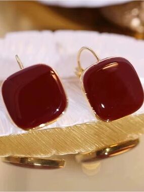 *** Delicate  Gold-Plated Red Square Drop Earrings - Elegant Women’s Jewelry